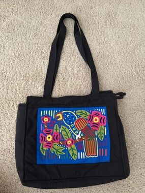 Black Canvas Tote Bag with Colorful Floral Panel